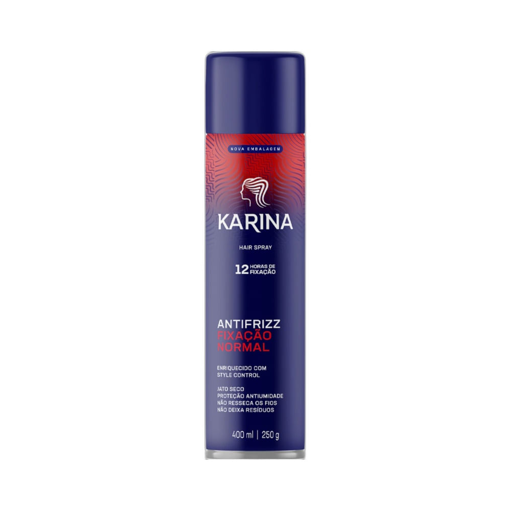 Spray Karina Fixação Normal 400ml em frasco azul escuro com detalhes vermelhos